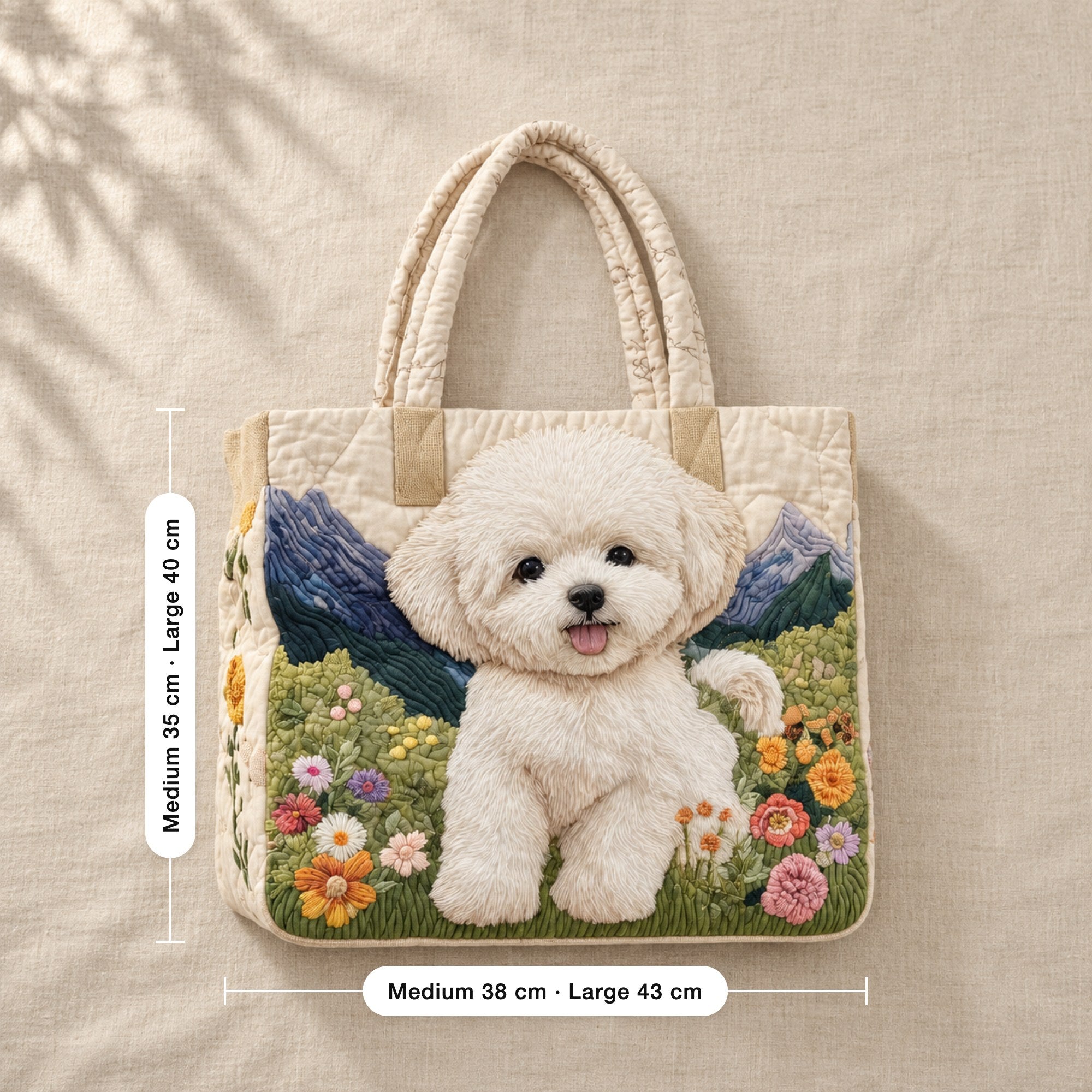 Shona | Quilted Tote Bag with a Bichon Frise in a Meadow, flat lay with sizes