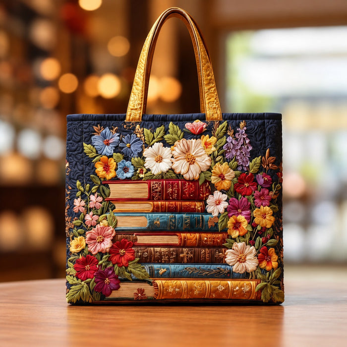 Sonya | Quilted Tote with a Stack of Books and Flowers