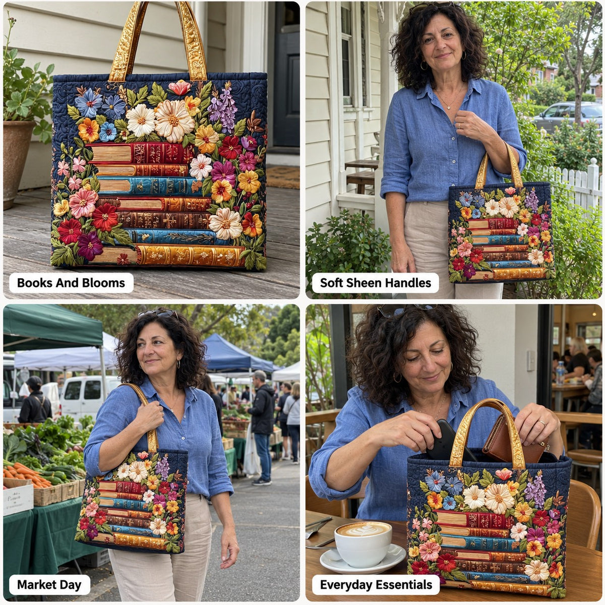 Sonya | Quilted Tote with a Stack of Books and Flowers