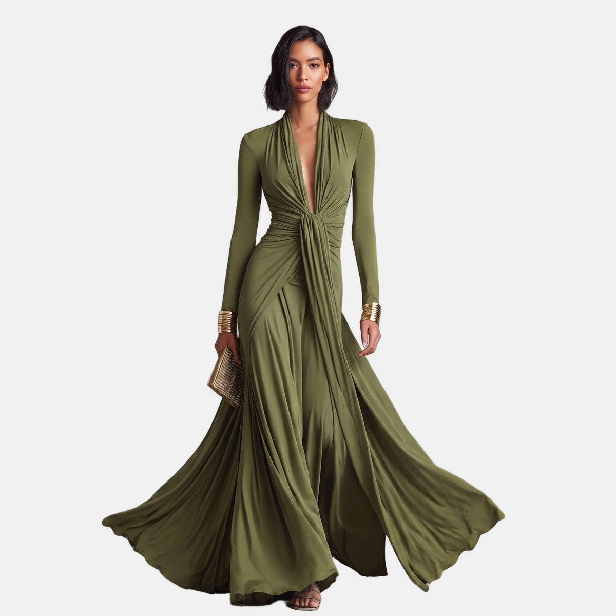 Sophie | Draped V-Neck Maxi Dress Green, studio photo