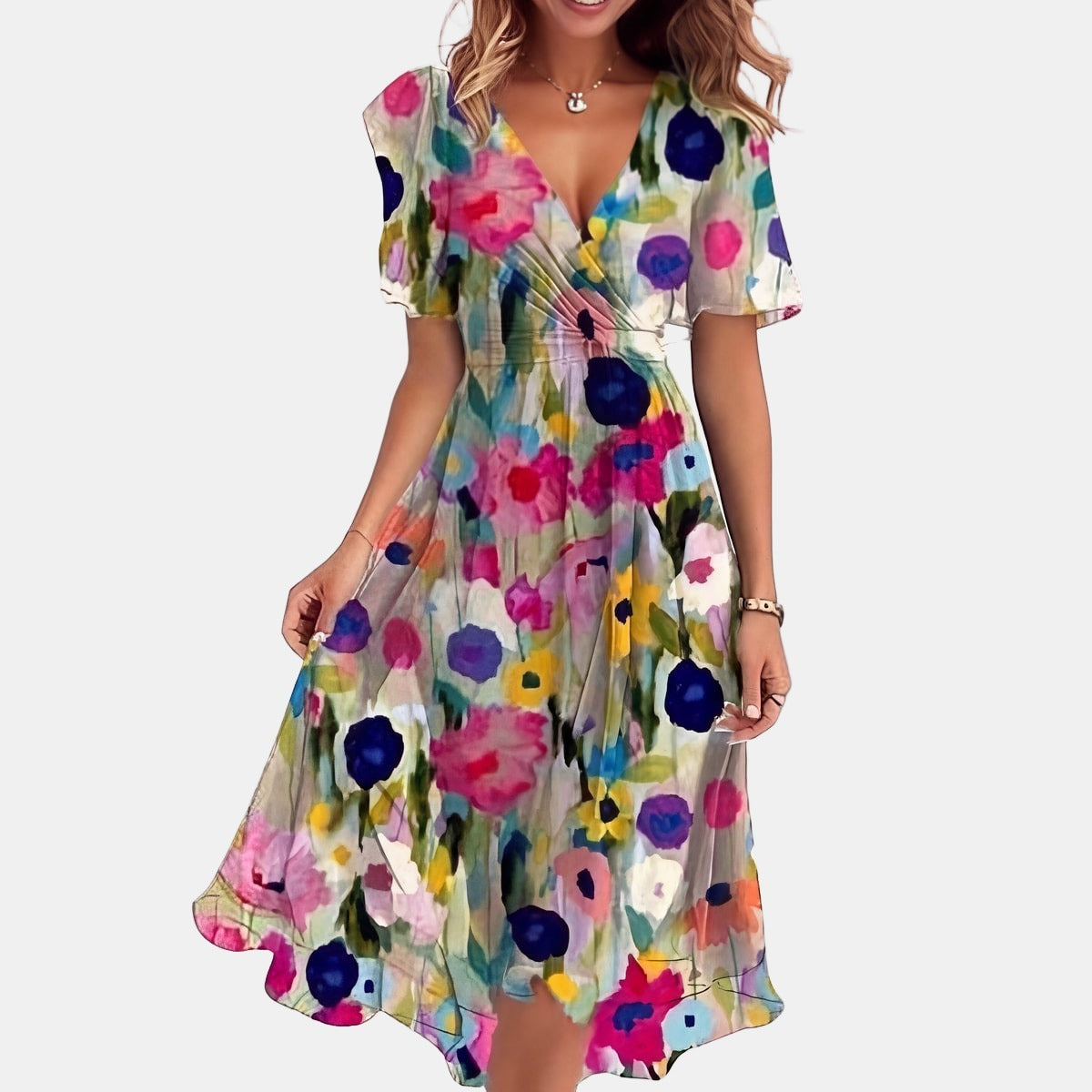 Sophie | Elegant Asymmetric Hem Summer Dress Green, studio photo