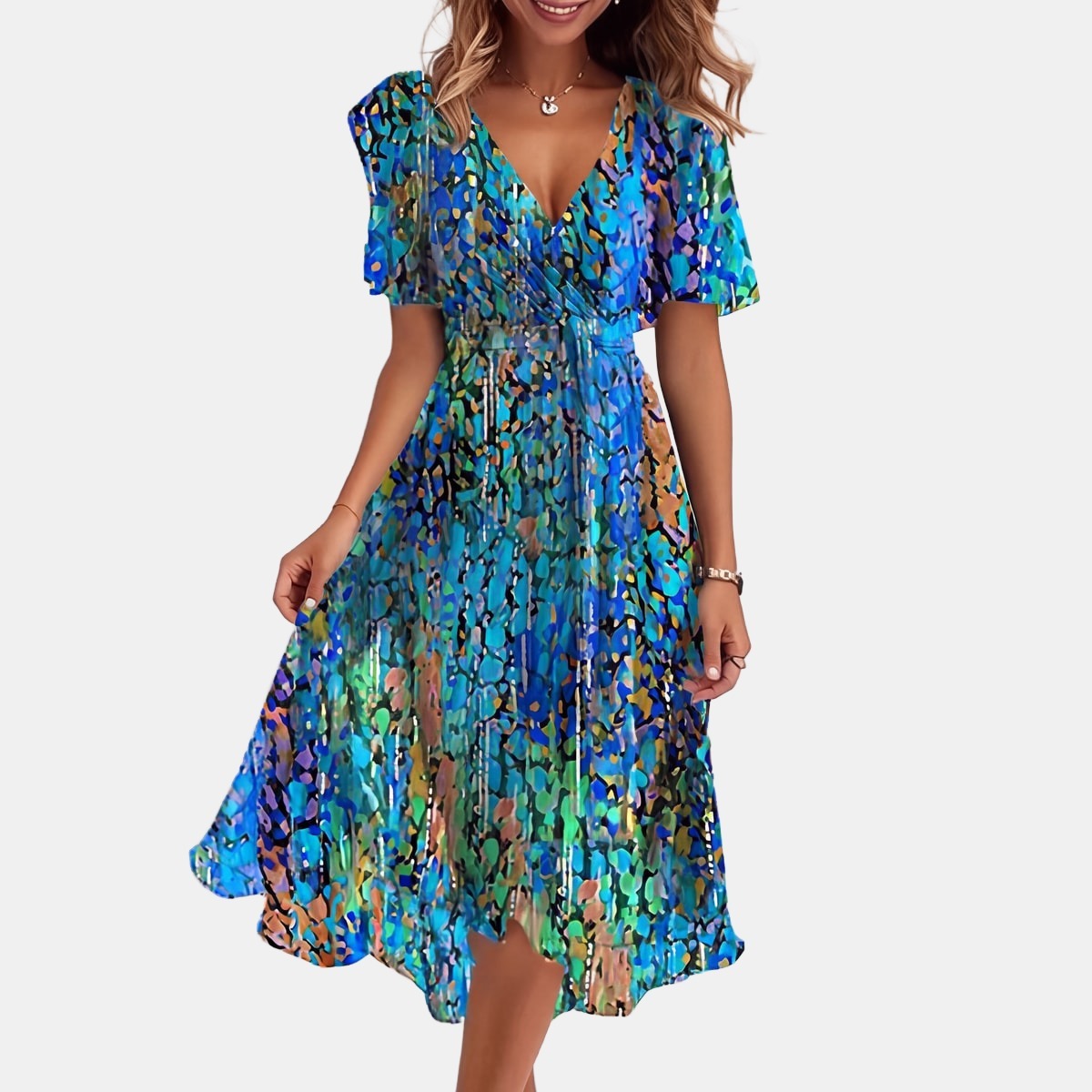 Sophie | Elegant Asymmetric Hem Summer Dress Blue, studio photo