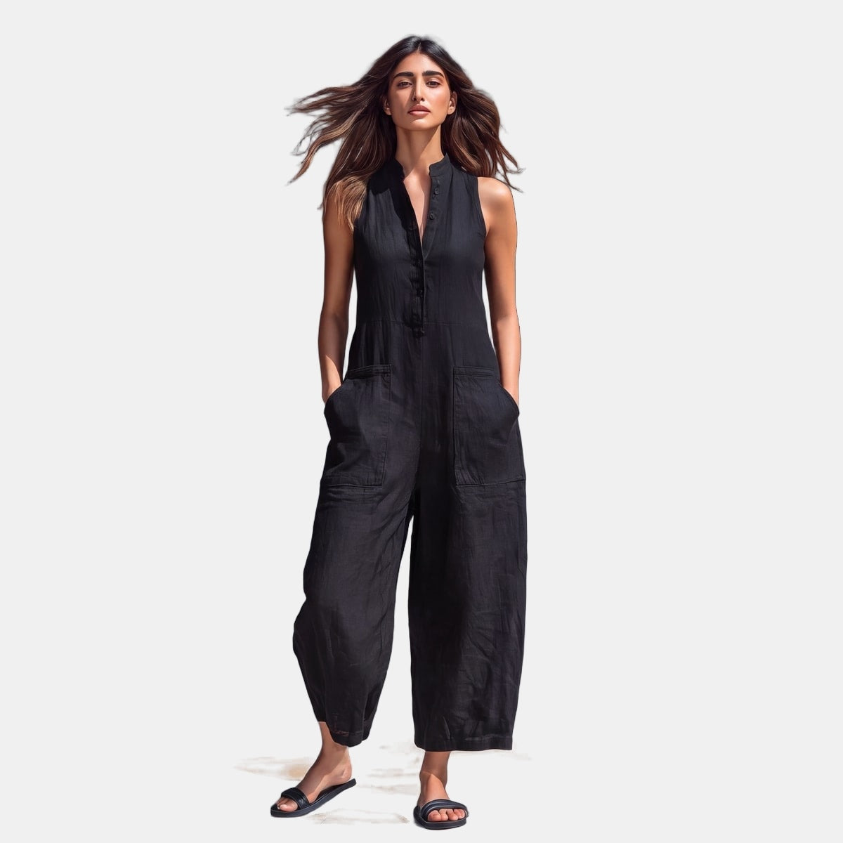 Sophie | Flowy Dungaree Jumpsuit Black, studio photo