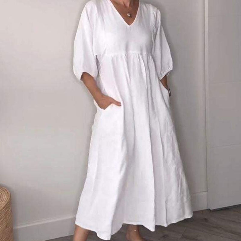 Caitlin | Chic Flared V-Neck Dress White, studio photo