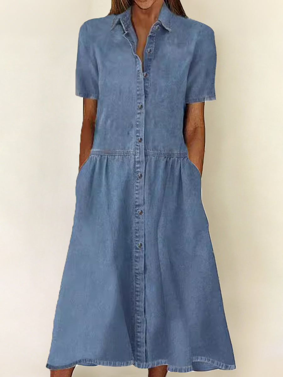 Relaxed Short-Sleeve Denim Dress Blue, studio photo