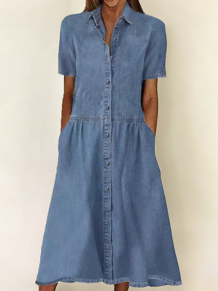Relaxed Short-Sleeve Denim Dress
