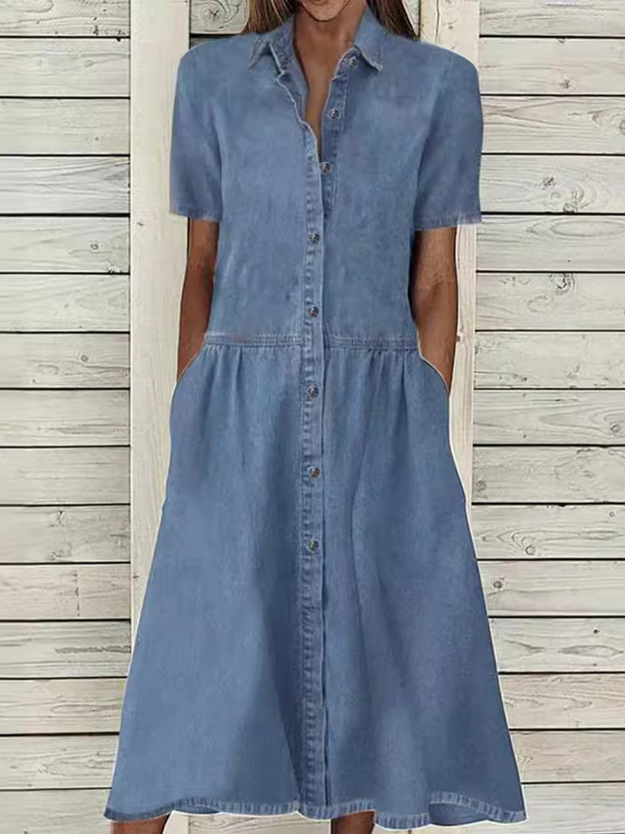 Relaxed Short-Sleeve Denim Dress