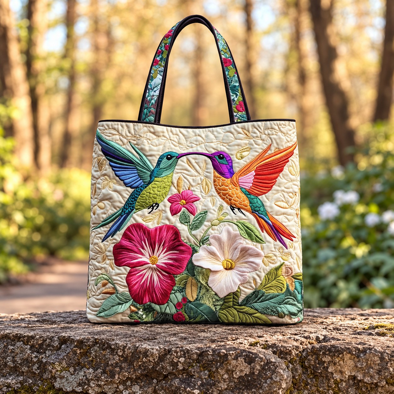 Handcrafted Bag - Two Hummingbirds and Hibiscus