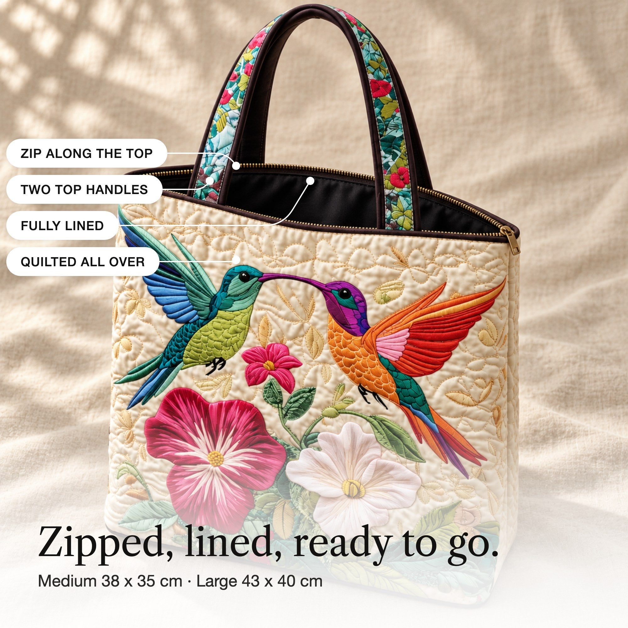 Teasag | Embroidered Tote with Hummingbirds and Hibiscus, detail