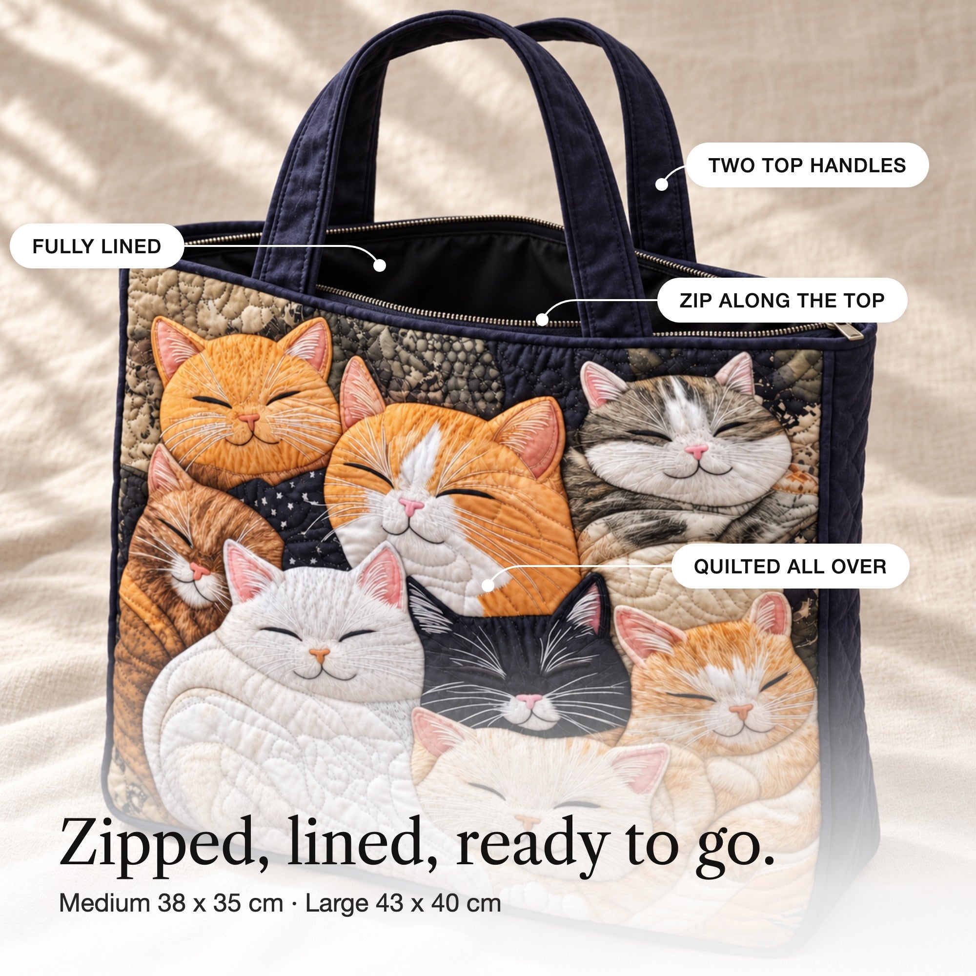 Tilda | Quilted Tote Bag with a Pile of Sleeping Cats, detail
