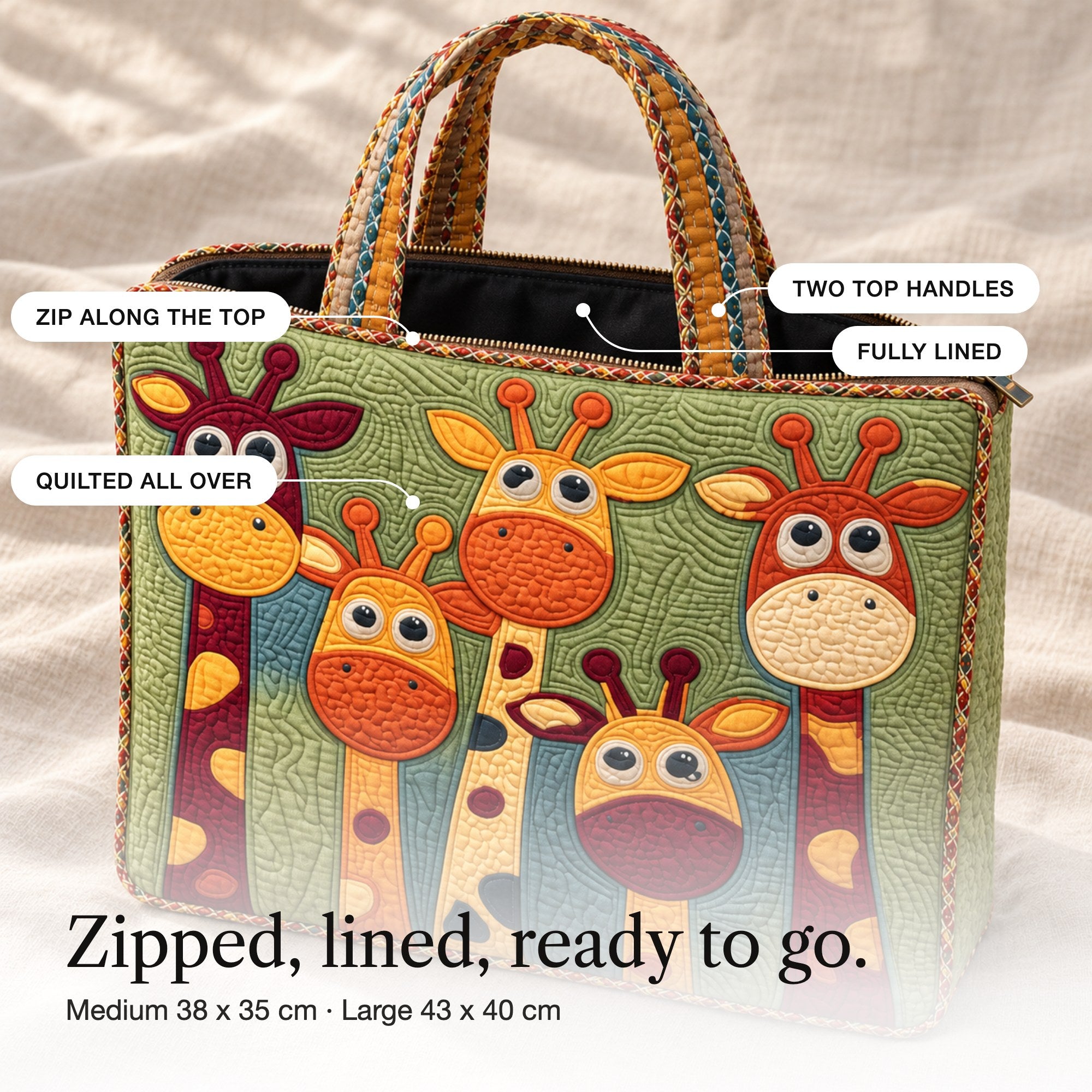 Ula | Quilted Tote Bag with Playful Giraffes, detail