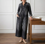Long-Sleeve Cotton Denim Jumpsuit