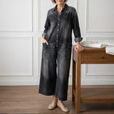 Long-Sleeve Cotton Denim Jumpsuit