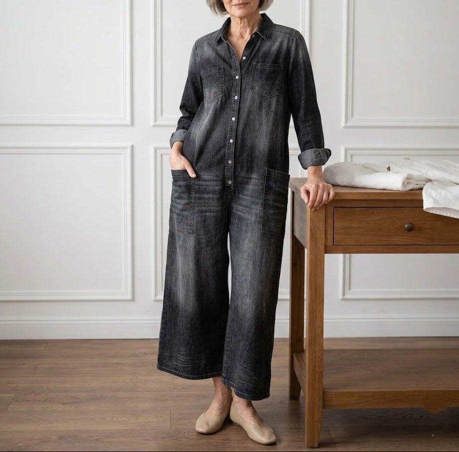 Long-Sleeve Cotton Denim Jumpsuit