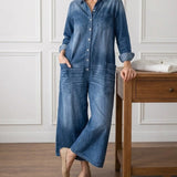 Long-Sleeve Cotton Denim Jumpsuit