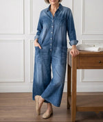 Long-Sleeve Cotton Denim Jumpsuit