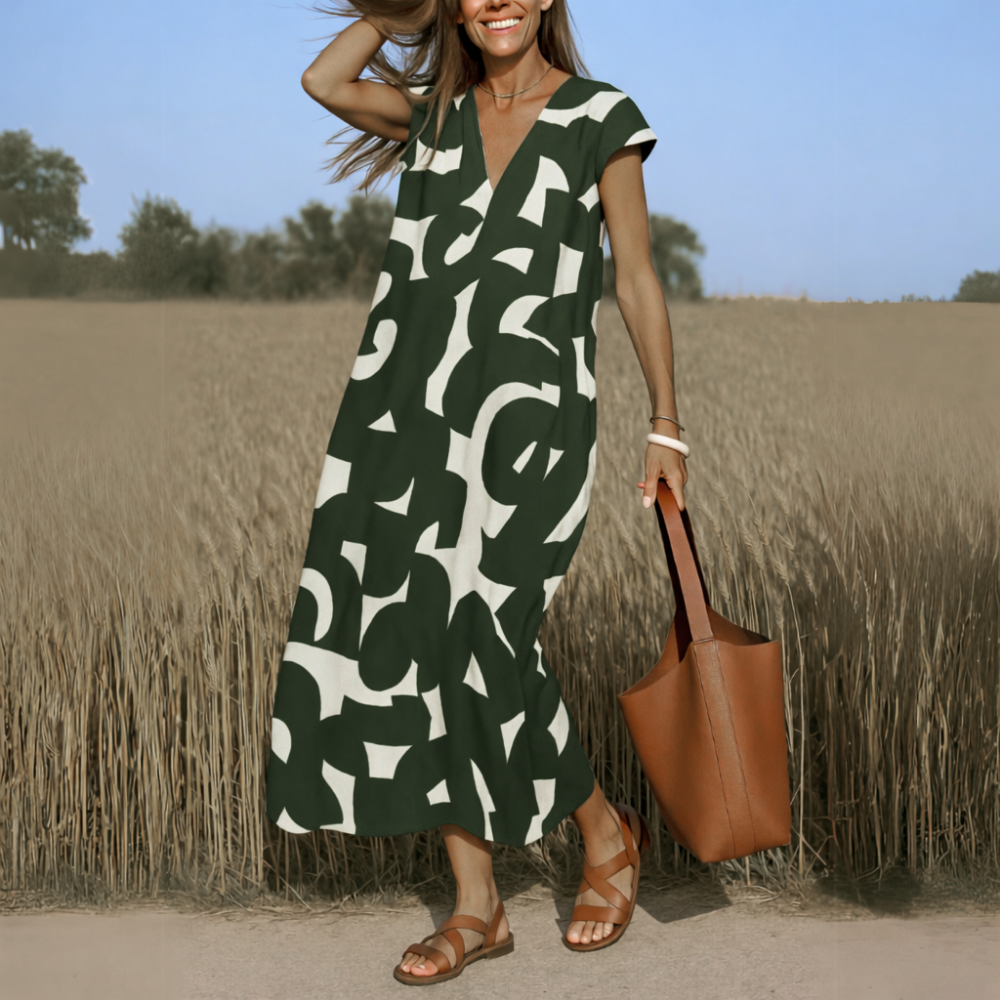 Araminta | Flowy Printed V-Neck Dress Green, studio photo