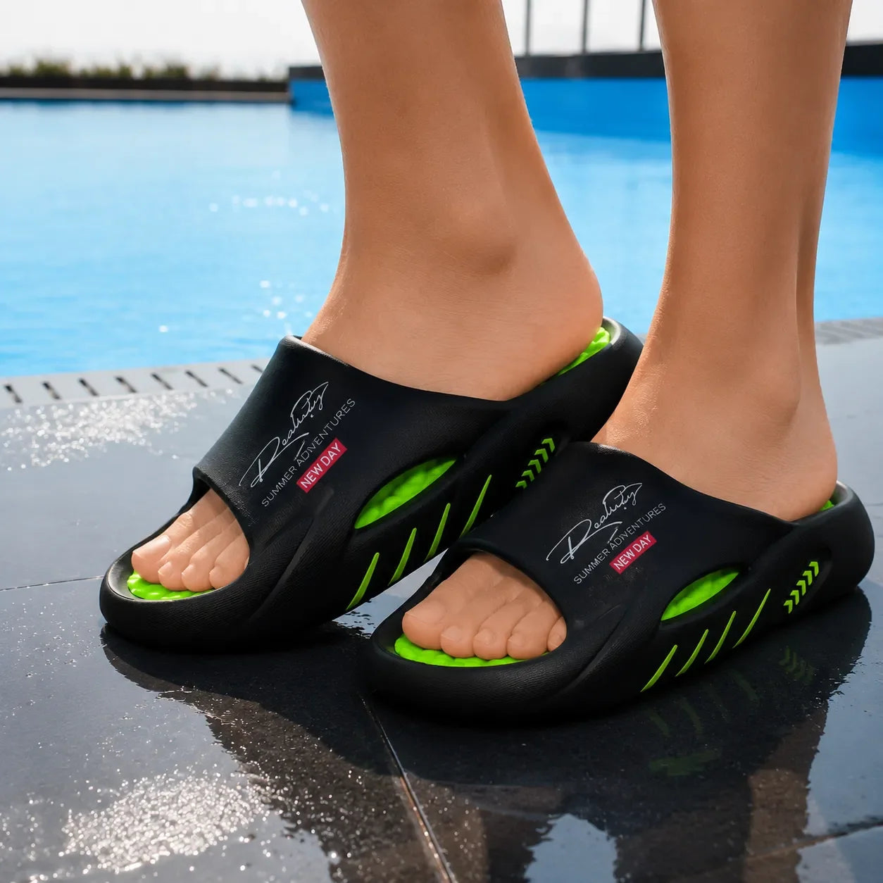 Saskia | Cushioned Slide Sandals with Arch Support Black with Neon Green accents, photo studio