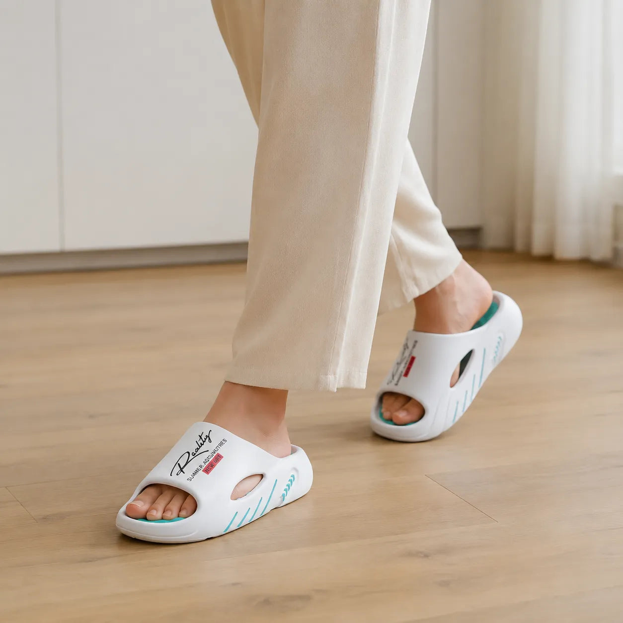 Saskia | Cushioned Slide Sandals with Arch Support White with Aqua Blue accents, photo studio