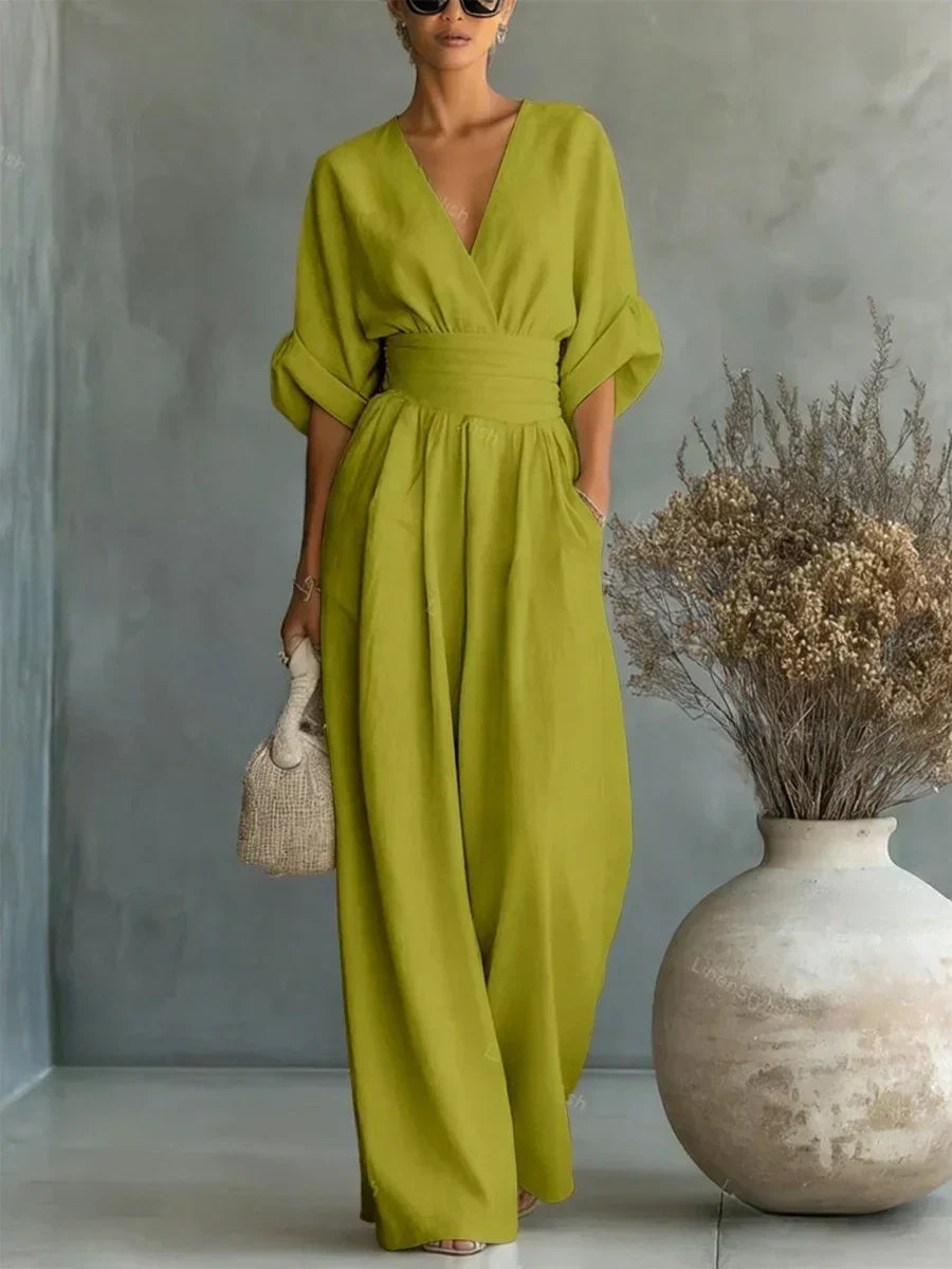 Nancy | Flowy Belted-Waist Maxi Dress Green, studio photo