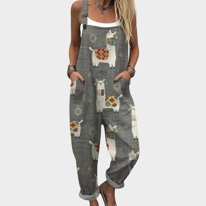 Virginia | Women's Bright Boho Grey Llama Overalls
