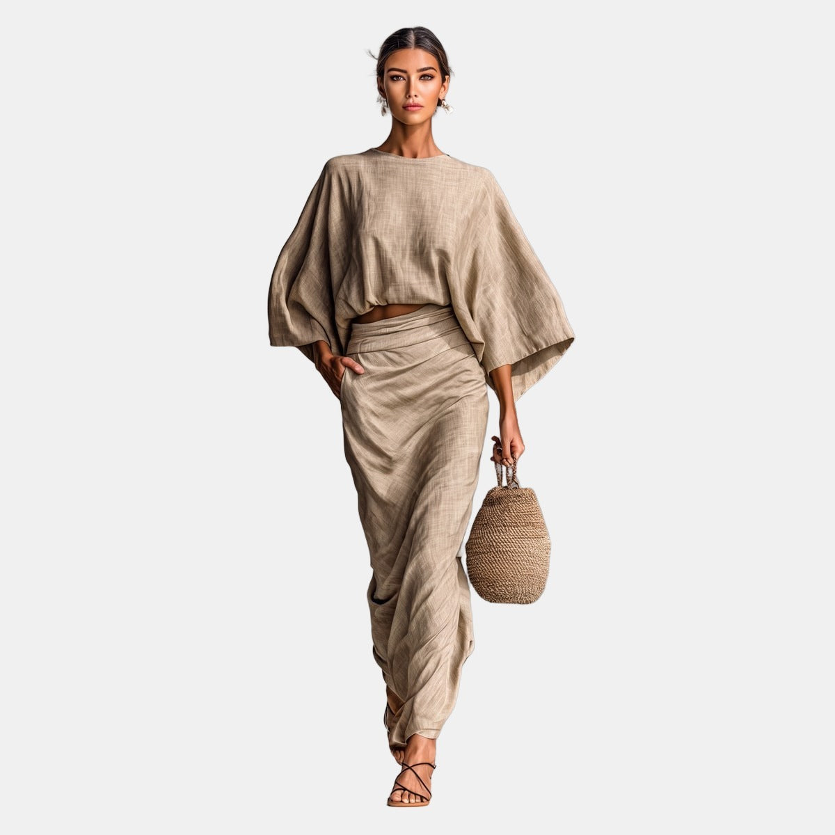 Willow | Two-Piece Set with Draped Skirt Khaki, studio photo
