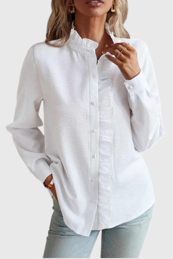 Natalia | Elegant Ruffled Blouse White, studio photo