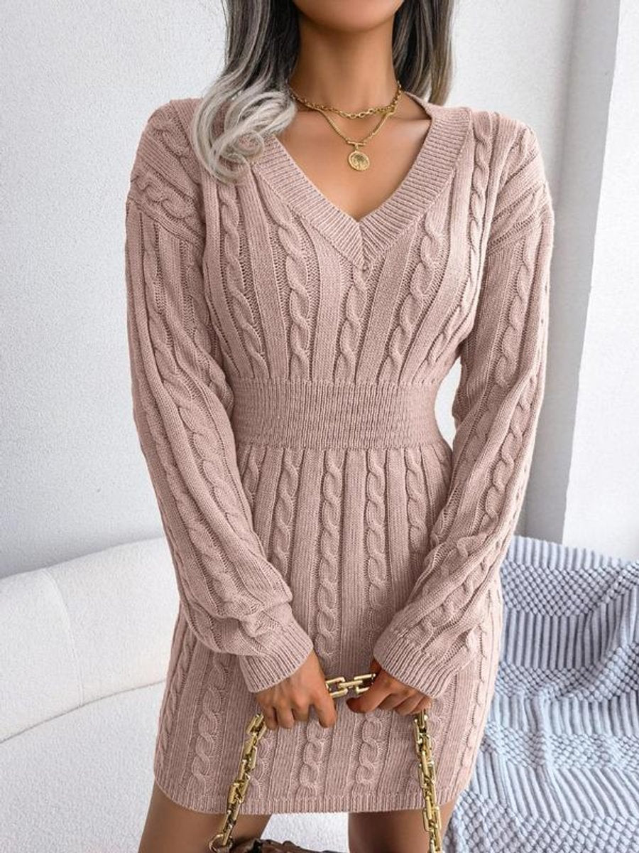 Olwen | Cable-Knit V-Neck Dress Pink, studio photo