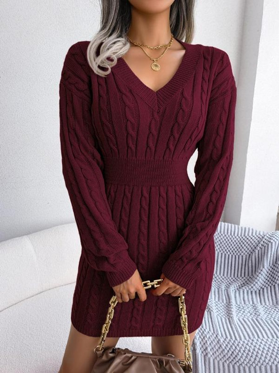 Olwen | Cable-Knit V-Neck Dress Burgundy Red, studio photo