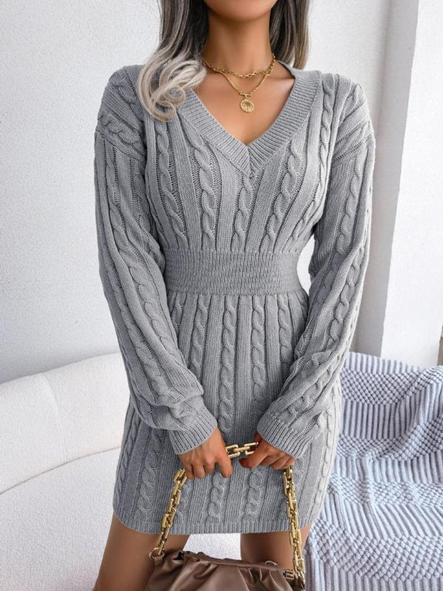 Olwen | Cable-Knit V-Neck Dress Grey, studio photo