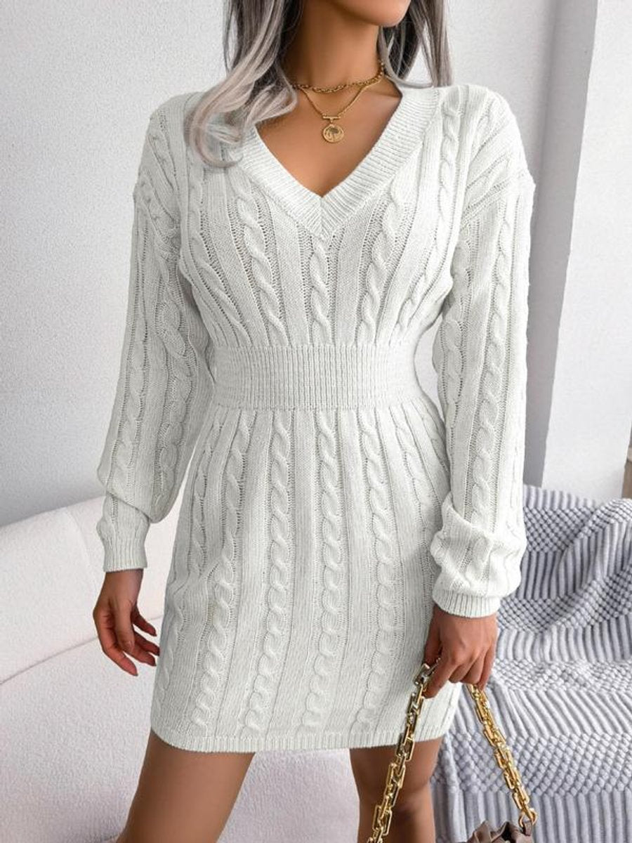 Olwen | Cable-Knit V-Neck Dress Cream White, studio photo