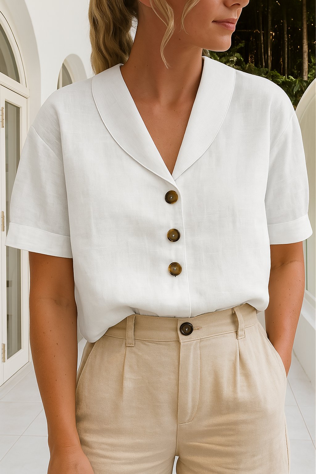 Jolene | Short-Sleeve Collared Blouse White, studio photo