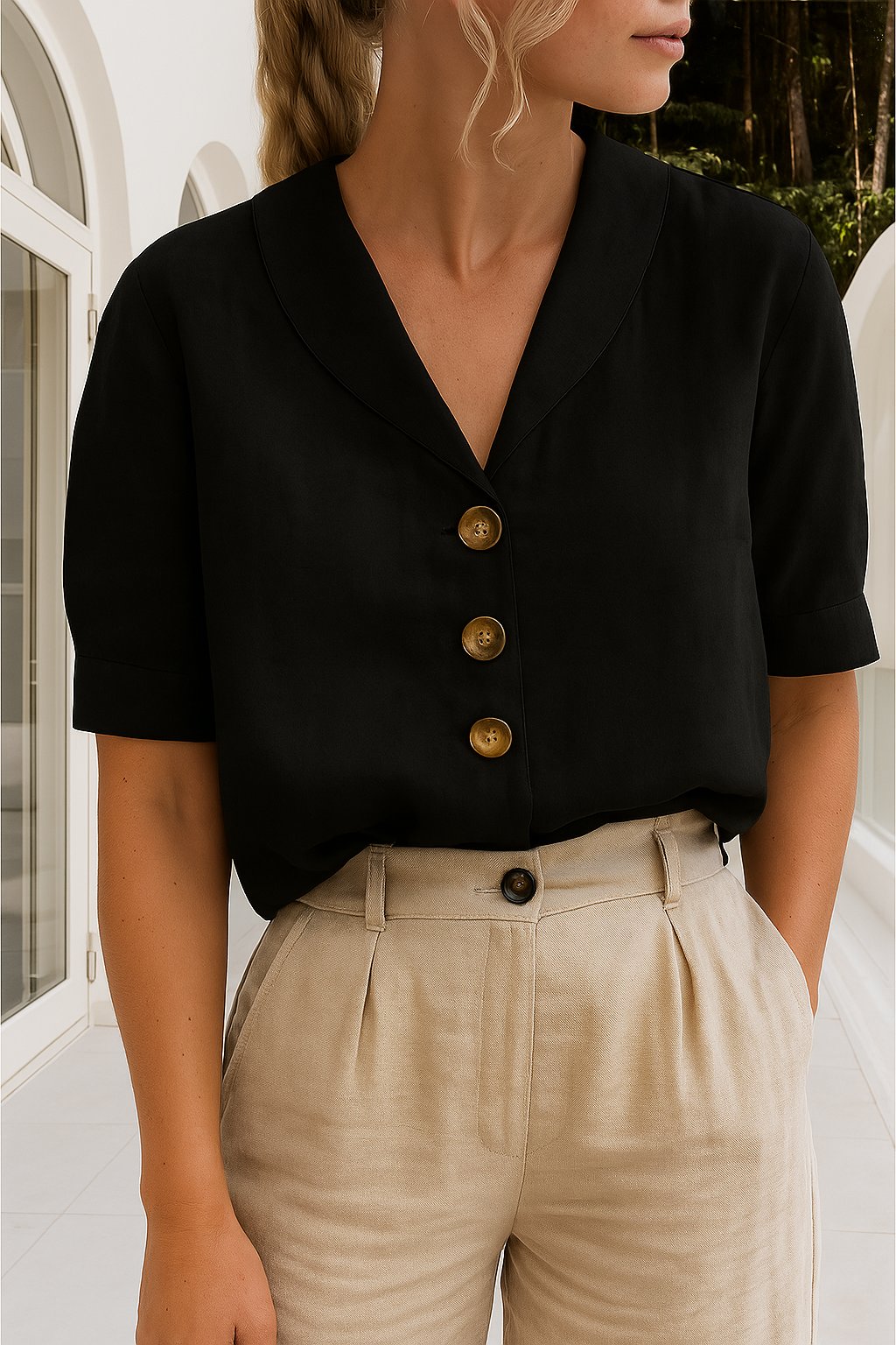 Jolene | Short-Sleeve Collared Blouse Black, studio photo
