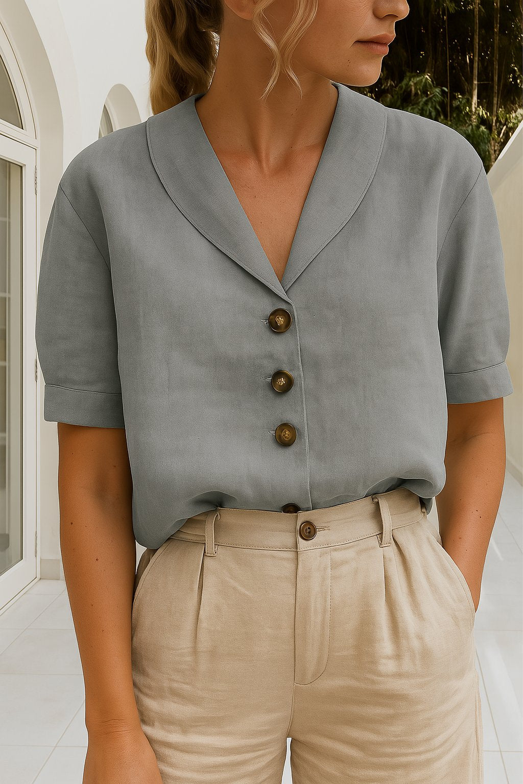 Jolene | Short-Sleeve Collared Blouse Grey, studio photo