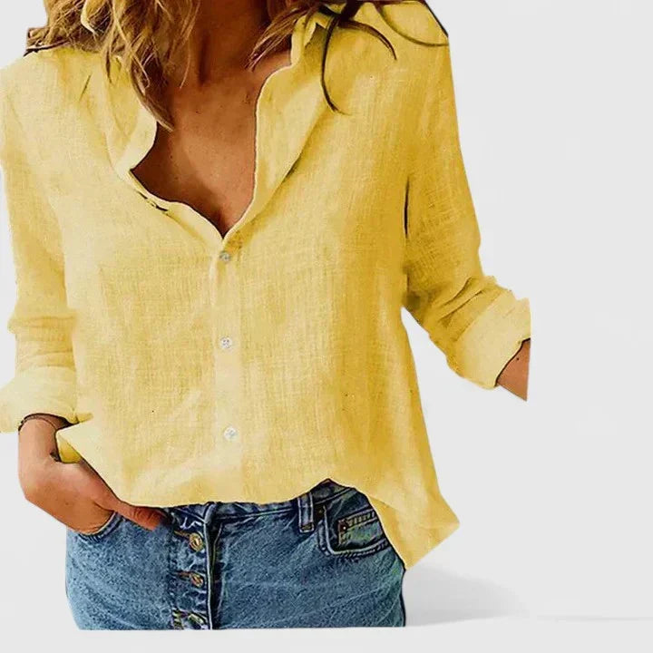 Angelina | Open-Collar Long-Sleeve Shirt Yellow, studio photo