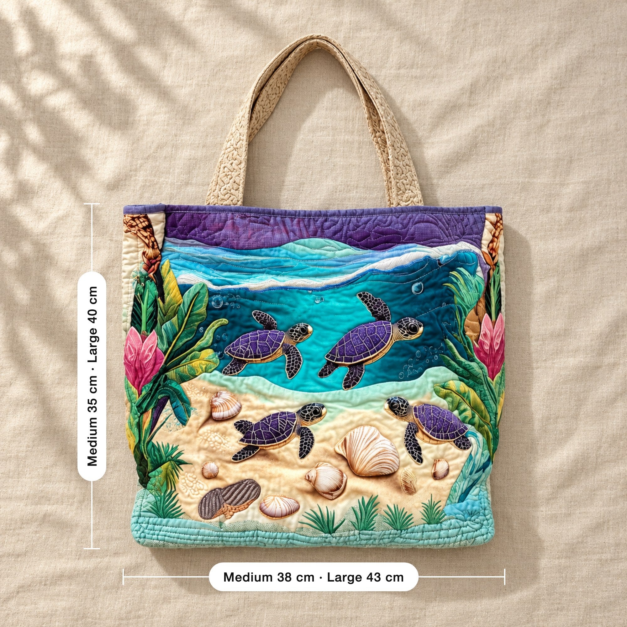 Zena | Quilted Tote Bag with Sea Turtles on the Shore, flat lay with sizes